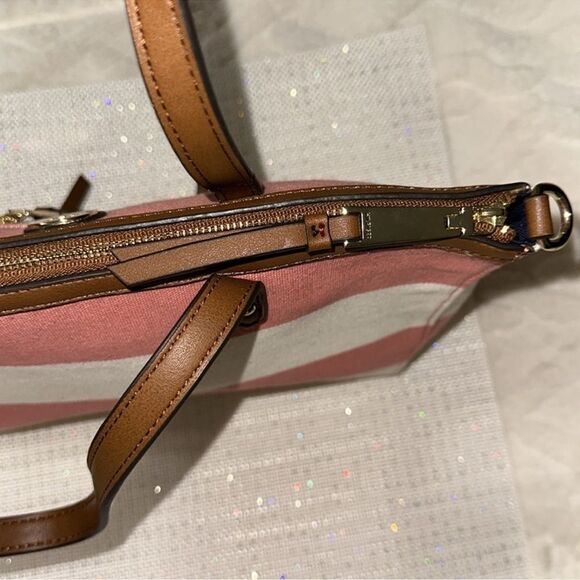 TH Ivory Coral Pink Brown Canvas Stripe Faux Leather Trim Medium Tote Handbag - Picture 12 of 15